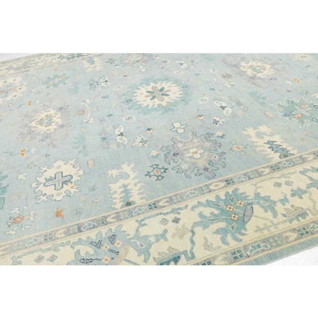 2020s Hand-Knotted Modern Oushak Wool Rug in Soft Sky Blue, Cream & Muted Teal For Sale - Image 5 of 12