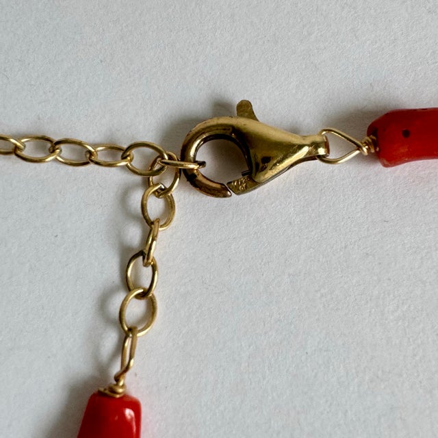 Gold Vintage Coral Station Necklace 14k Gold Filled Lariat Y Pendant Natural Handmade For Sale - Image 8 of 9