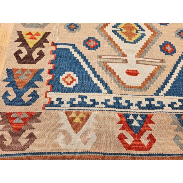 Vintage Turkish Tribal Kilim Runner, Handwoven Wool, Geometric Caucasian Pattern, Blue & Red, 3x8 For Sale - Image 15 of 17