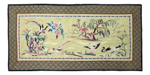 Vintage Chinese Silk Embroidered Cloth With Tropical Birds and Swans in Golden Lake