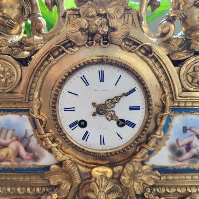 19th C. French Lévy Frères Napoleon III Gilt Bronze & Porcelain Mantel Clock For Sale - Image 10 of 15