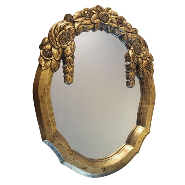 Gold Art-Deco French Mirror in Gilt Carved Wooden Frame with Geometric Floral Design, 1930s For Sale - Image 8 of 8