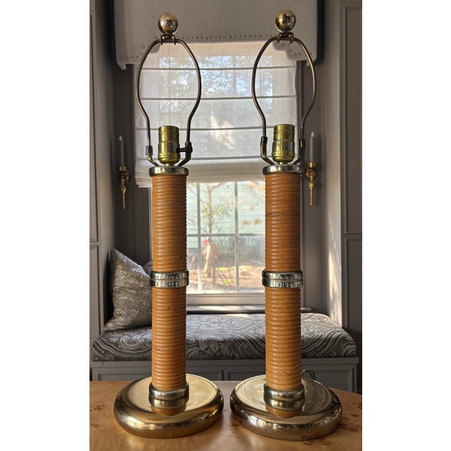 Late 20th Century 1970s Mid-Century Modern Pencil Reed and Brass Lamps After Gabriella Crespi - a Pair For Sale - Image 5 of 7