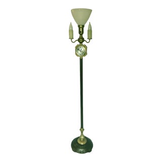 Vintage Early 20th Century Candelabra Torchiere Brass Floor Lamp With Working Sessions Clock For Sale