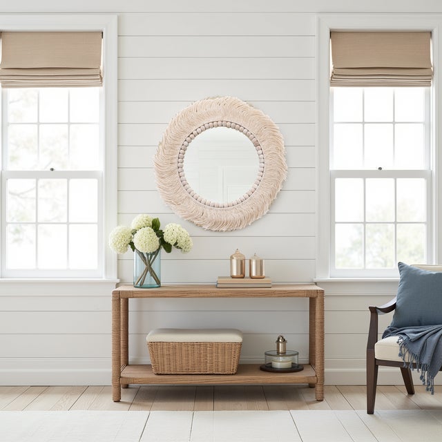 Brown Fringe Round Mirror For Sale - Image 8 of 9
