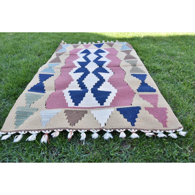 Size: 2.1 x 3.5 ft (64 x 107 cm) 25 x 42 inches Color: Blue-Beige-Pink Material: 100% Wool Fast Shipping: Delivery in 3-5...