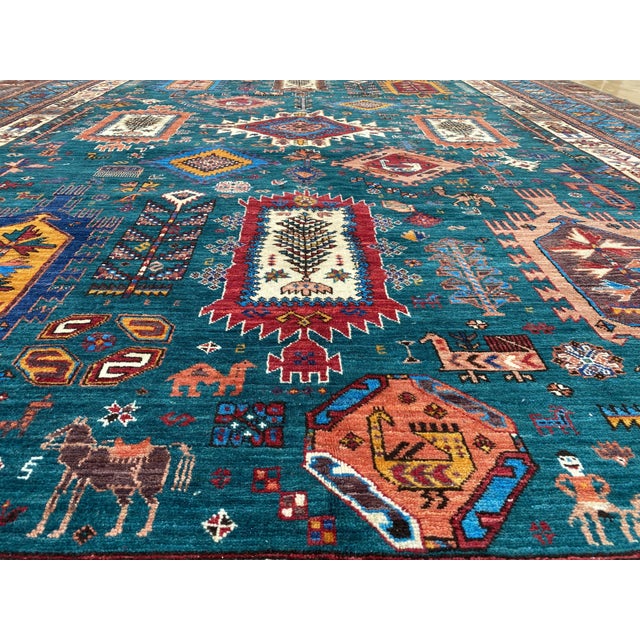 2000 - 2009 Vintage Teal Wool Kazak-Style Tribal Rug 9 X 13 For Sale - Image 5 of 17