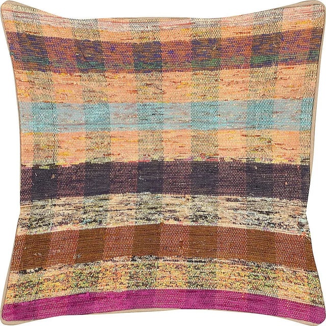 1960s Turkish Rag Pillow. Sewn with fragments of vintage hand made Anatolian cotton & linen kilims. Fiber fill. 523103