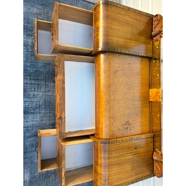 Brown Vintage 1930s Art Deco Waterfall Bedroom Furniture Set Featuring Matching Wooden Grain Veneer Panels, Curved Edges, and Arched Mirrors For Sale - Image 8 of 12
