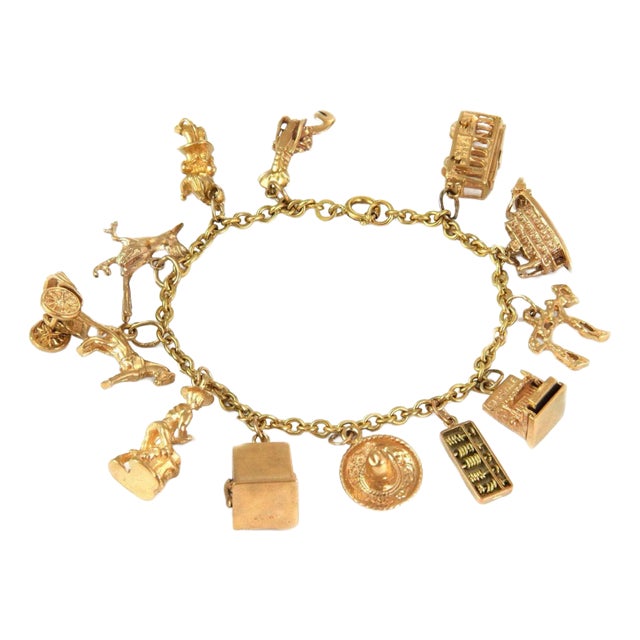 Vintage 18k & 14k Yellow Gold 12 Travel Theme Charms Chain Bracelet For Sale