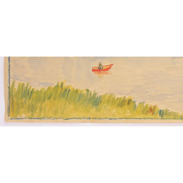 Mid-Century Modern Mid-Century Swedish Outsider Folk Art Original Watercolor Painting, Signed, Lake Landscape For Sale - Image 3 of 5