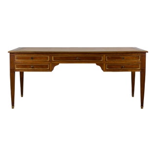 French Louis XVI Neoclassical Style Mahogany Writing Desk W/ Brown Leather Top For Sale