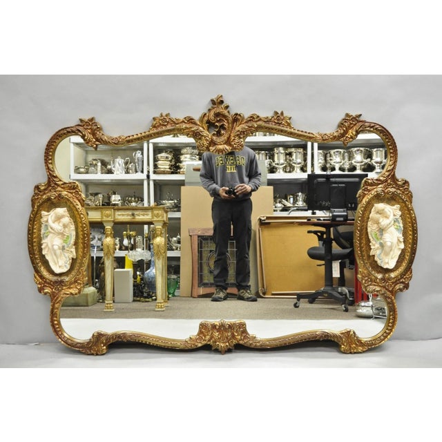 Vintage French Rococo Large Gold Wall Mirror With Bisque Figural Lovers Plaques For Sale - Image 12 of 12