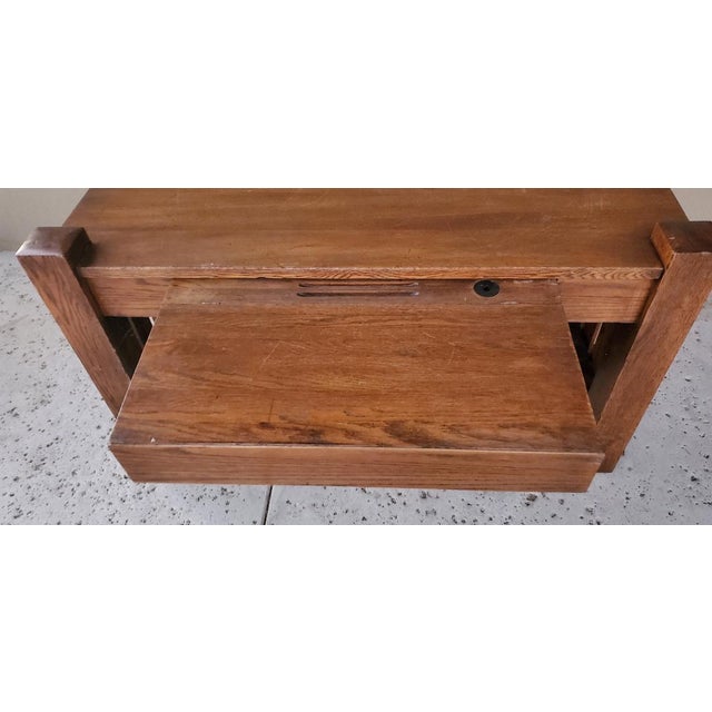 Wood Rare 1900s Antique Mission Oak Craftsmen Library Table With Pullout Writing Desk With Ink Well For Sale - Image 7 of 16