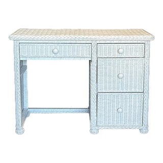 Vintage White Wicker Desk or Ladies Vanity Dresser With Four Drawers For Sale