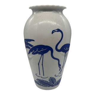 Mid Century Blue Flamingo Milk Glass Vase by Anchor Hocking Vitrock For Sale