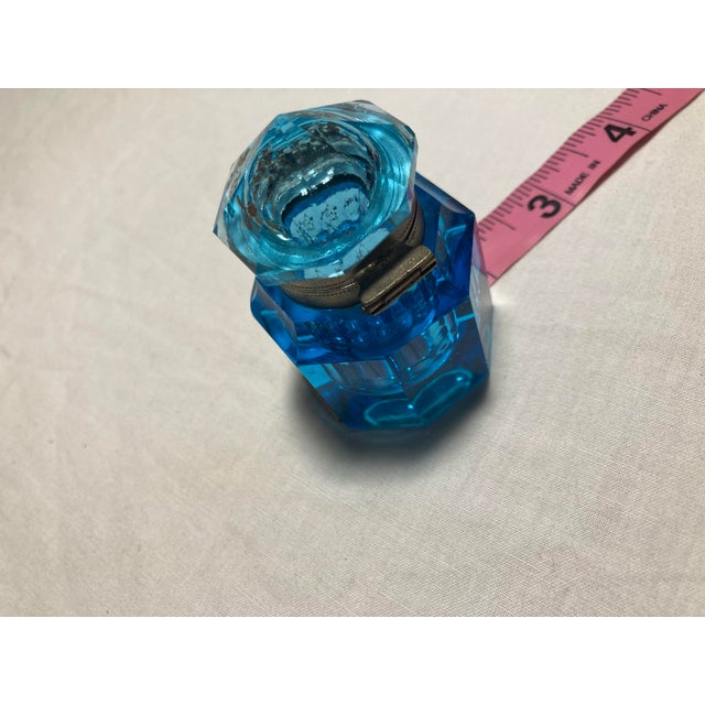 Antique Blue Faceted Crystal Artdeco Inkwell or Fragrance Holder Enamel Painted Flowers For Sale - Image 10 of 10