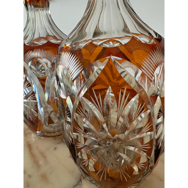 Pair Vintage Bohemian Czech Amber Cut to Clear Decanters For Sale - Image 10 of 12