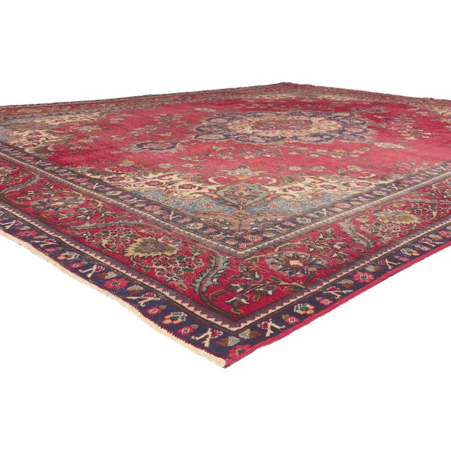 78088 Antique-Worn Persian Tabriz Rug, 09'11 x 12'11. Rustic sensibility meets nostalgic charm in this hand knotted wool...