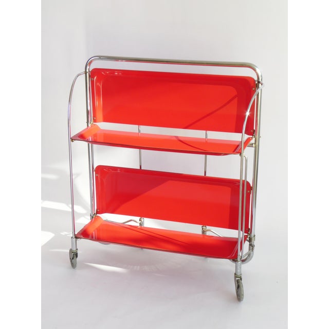 Mid-Century Modern Red Foldable Bar Cart with Chrome Metal, 1960s For Sale - Image 6 of 9
