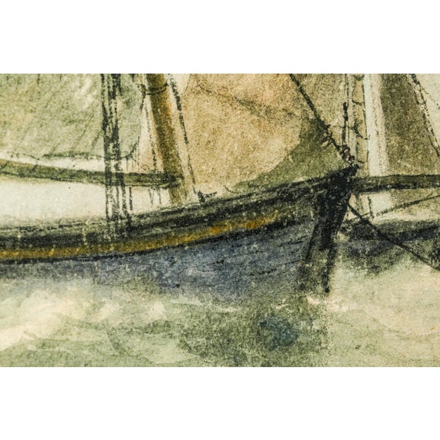 Lovely Large Gold Gilt Frame Antique Victorian Maritime Watercolor Painting Fishing Sailboat Ocean Wall Home Decor Nautical Art For Sale - Image 10 of 18