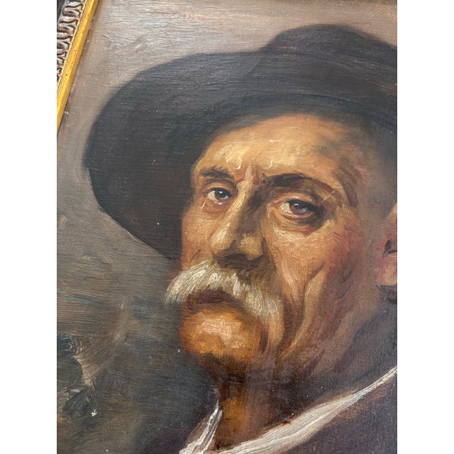 Original Antique European Moody Oil Portrait Painting of Gentleman in Hat Circa 1937 For Sale In Los Angeles - Image 6 of 12