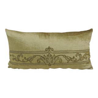 Antique Silk Velvet Olive Green Applique Decorative Long Bolster Pillow For Sale