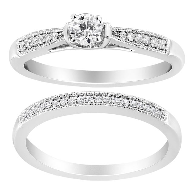 .925 Sterling Silver 1/3 Cttw Diamond Classic Engagement Ring Bridal Set with Milgrain (I-J Color, I3 Clarity) - Ring - Size 5 For Sale