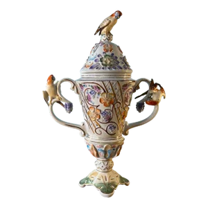 Vintage Porfin Cluj-Napoca, Romania Majolica Urn With Three Figural Parakeets