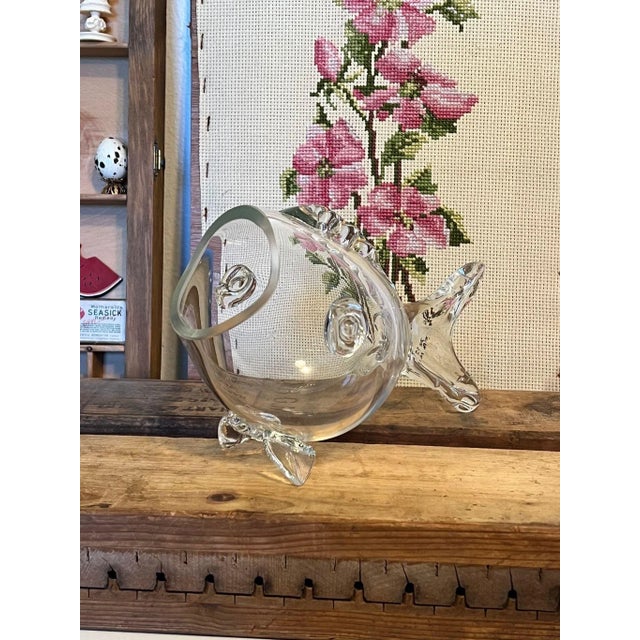 Blenko Style,no mark.Mid Century Modern clear transparent fish. Possibly used as a Vase or simply decor. Vintage Condition...