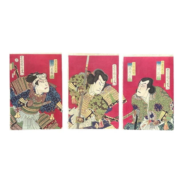 1876 Meiji Japanese Woodblock Prints Kabuki Play Tryptych Set of 3 Toyohara Kunichika Antique For Sale
