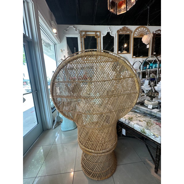 Wood Vintage Palm Beach Tropical Braided Rattan Wicker Peacock Fan Back Chair For Sale - Image 7 of 12