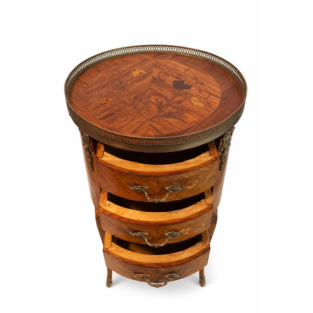 French Louis XV Style Kingwood Marquetry 3-Drawer Side Table With Brass Gallery & Cabriole Legs For Sale - Image 3 of 6