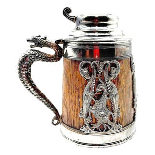 1920s Silverplate Oak Tankard Beer Stein W/ Dragon Motif, by St. Louis Silver Co. For Sale