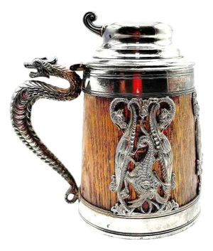 1920s Silverplate Oak Tankard Beer Stein W/ Dragon Motif, by St. Louis Silver Co.