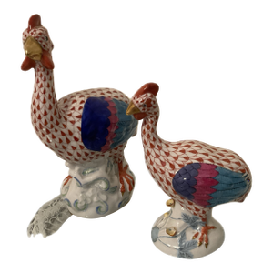Two Herend Rust Fishnet Guinea Fowl 6” & 8”
