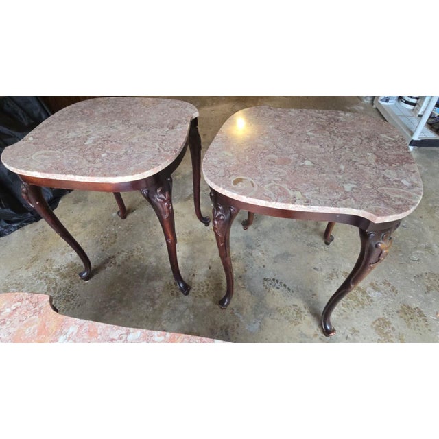 Vintage French Provincial Style Pink Marble & Mahogany Coffee Table and Matching Side Tables For Sale - Image 4 of 4