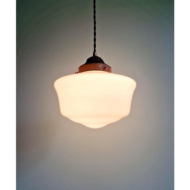 Metal Art Deco Pendant Light in White Opaline, 1920s-1930s For Sale - Image 7 of 11