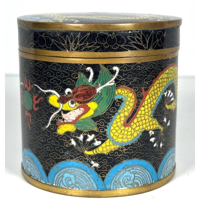 Metal Antique Chinese Cloisonne Tea Caddy: Dragon & Flaming Pearl Design For Sale - Image 7 of 10