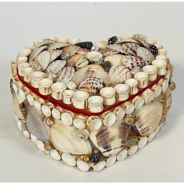 Antque collectible Sailors Valentines sea Shell encrusted heart shape trinket or ring box with red velvet inside.