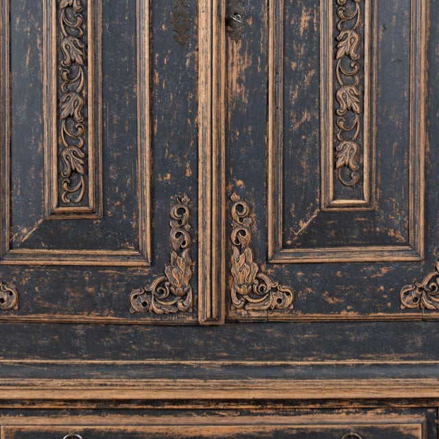 Late 18th Century Swedish Black Painted Oak Armoire With Carved Putti and Lion Heads For Sale - Image 10 of 18