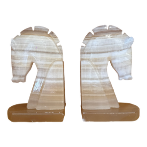 Mid 20th Century Pair of Marble Onyx Chess Knights Bookends