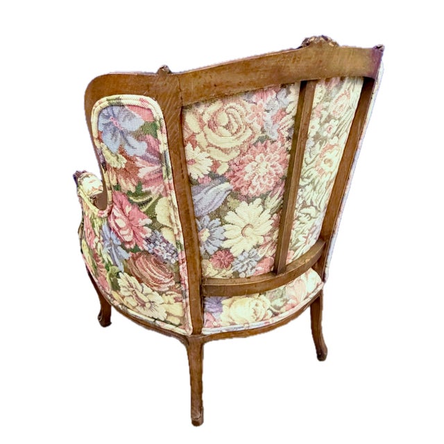 French Antique Hand-Carved and Floral Needlepoint Bergere For Sale - Image 3 of 14
