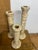 Set of Three Graduated Tessellated Bone Candle Holders. Heights: 10”, 12” & 14”.