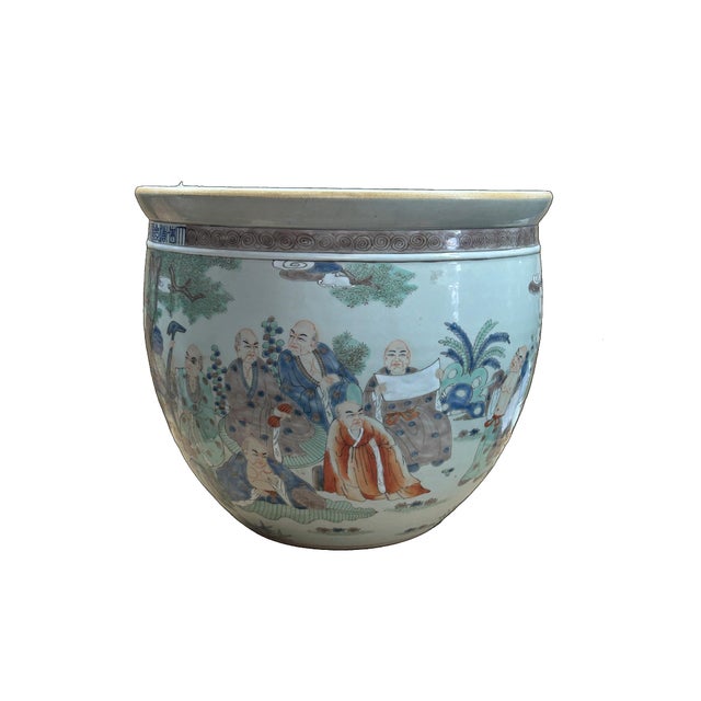 1970s Vintage Oriental 18 Arhats Graphic Porcelain Round Pot Planter For Sale - Image 5 of 10