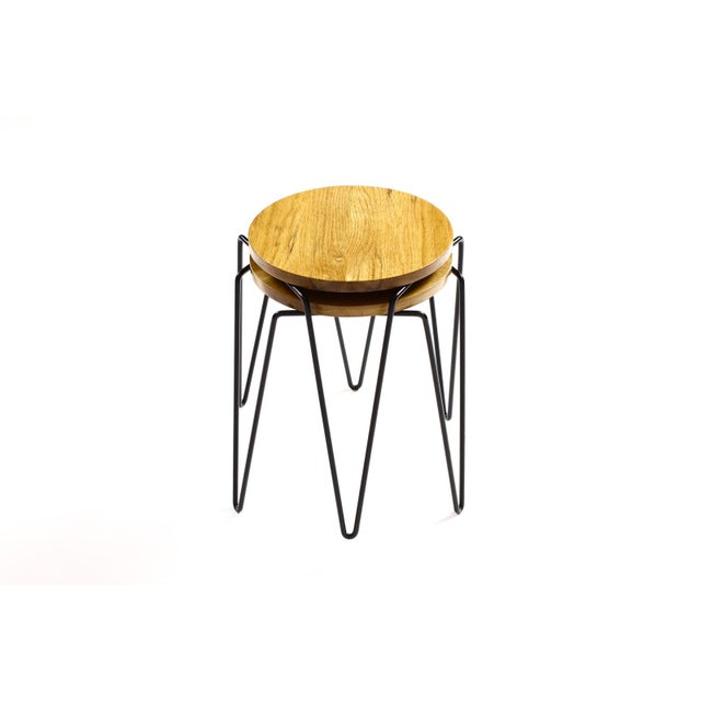 Mid-Century Modern 1960s Mid Century Vintage Attributed to Florence Knoll Model #75 Stacking Stool Side Table — White Oak + Iron — Pair For Sale - Image 3 of 7