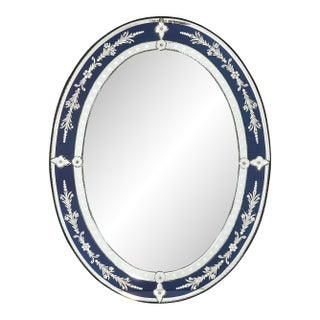 Mid-Century Venetian Glass Reverse-Etched Oval Mirror W/ Sapphire Blue Border For Sale