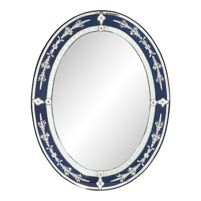 Mid-Century Venetian Glass Reverse-Etched Oval Mirror W/ Sapphire Blue Border For Sale