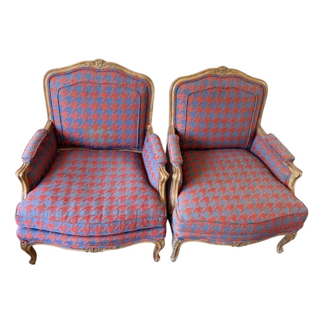 Vintage French Country Bergère Chairs in Red and Blue Houndstooth, a Pair For Sale