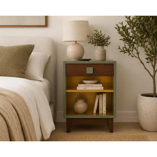 Mid-Century Modern Nightstand in Sagewood Green™, Satin Walnut & Metallic Gold For Sale - Image 4 of 4